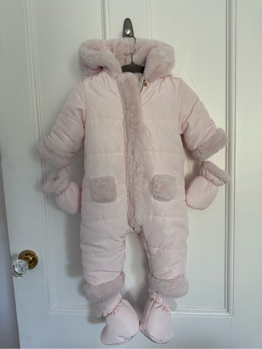 Tartine et Chocolat Light Pink Faux-Fur Trim Puffer One-Piece